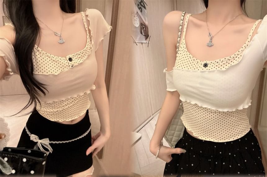 Scoop Neck Micro Dot Padded Camisole with Cap-Sleeve Top Set