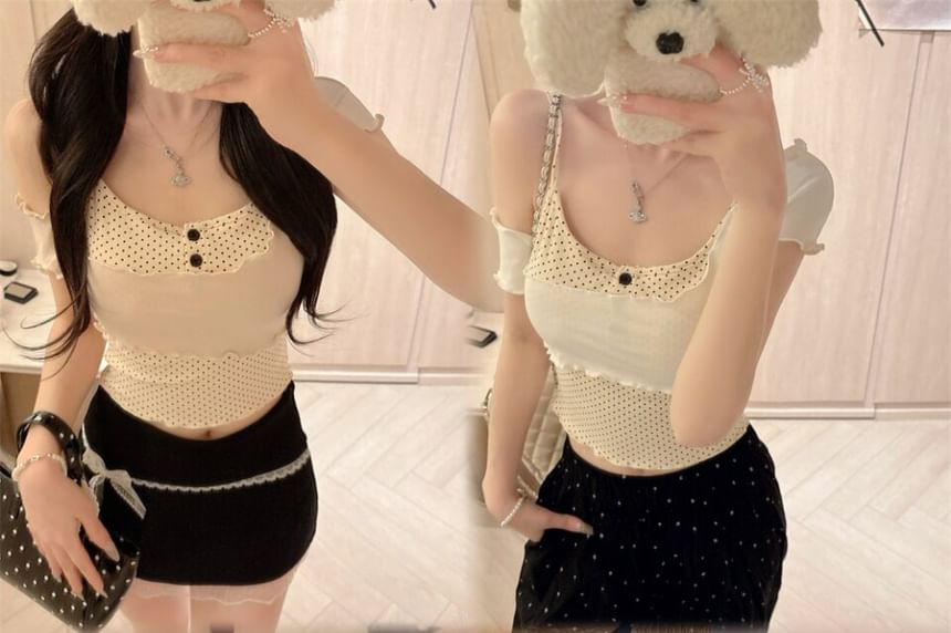 Scoop Neck Micro Dot Padded Camisole with Cap-Sleeve Top Set