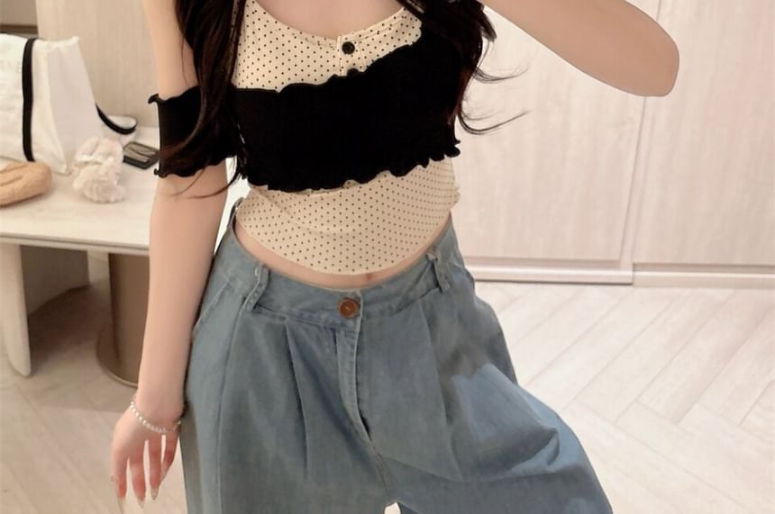 Scoop Neck Micro Dot Padded Camisole with Cap-Sleeve Top Set