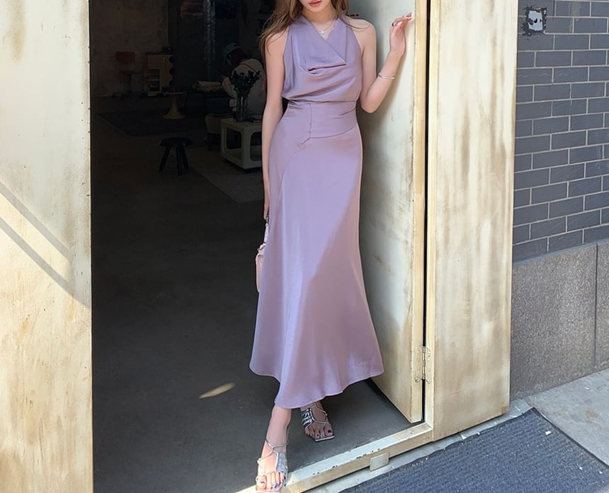 Sleeveless Cowl Neck Plain Maxi A-Line Dress