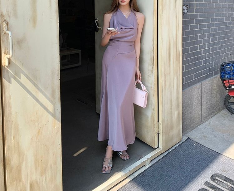 Sleeveless Cowl Neck Plain Maxi A-Line Dress