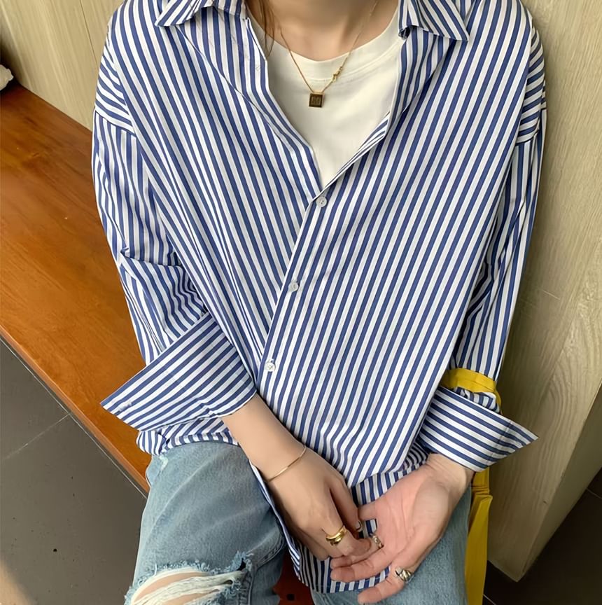 Striped Wrap Collared Long-Sleeve Shirt