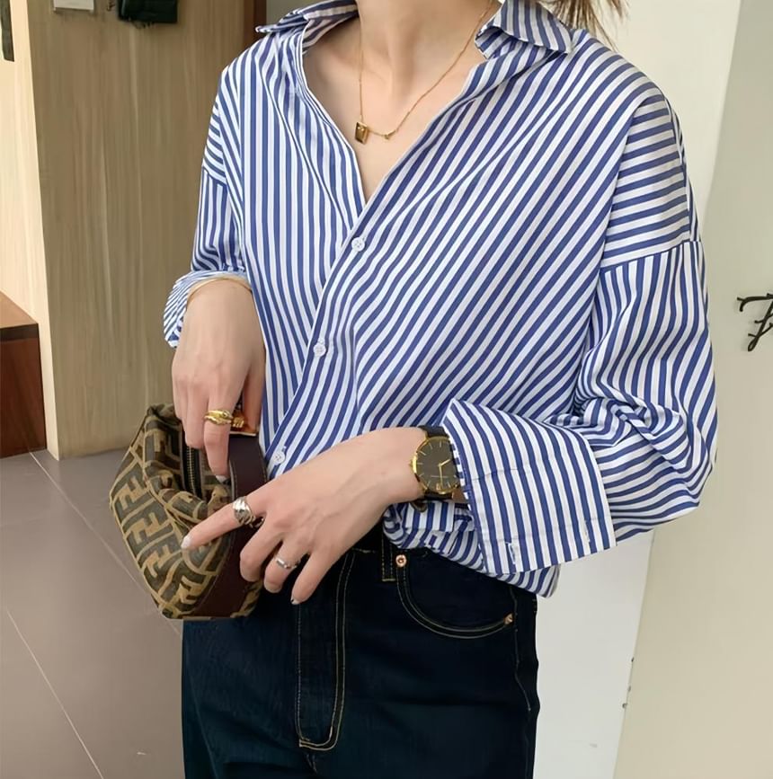 Striped Wrap Collared Long-Sleeve Shirt