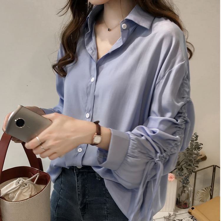 Drawstring Collared Long-Sleeve Shirt
