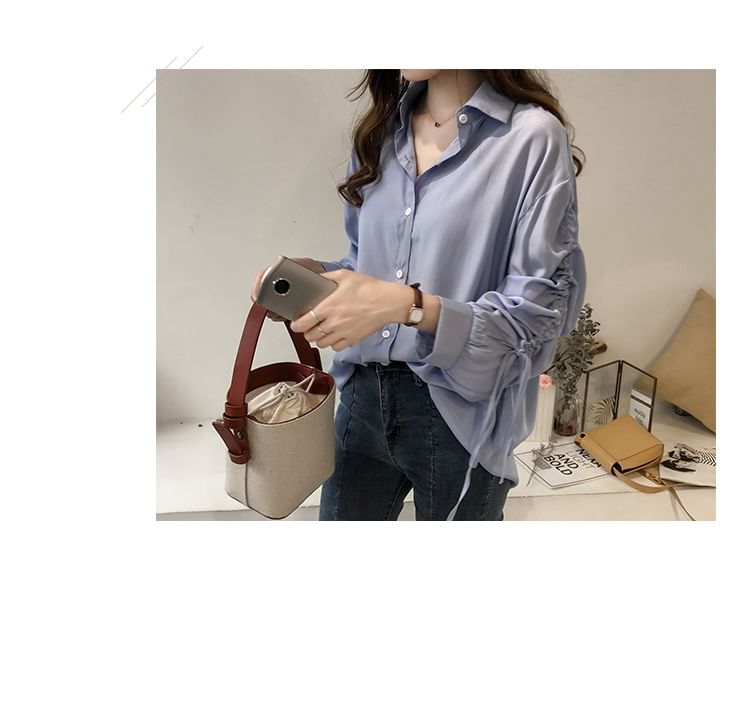 Drawstring Collared Long-Sleeve Shirt