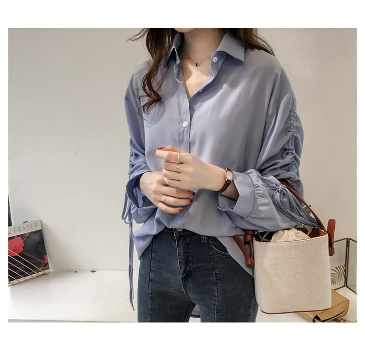 Drawstring Collared Long-Sleeve Shirt