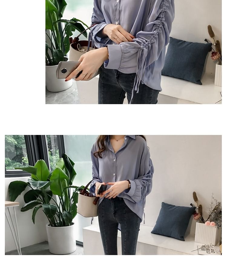 Drawstring Collared Long-Sleeve Shirt