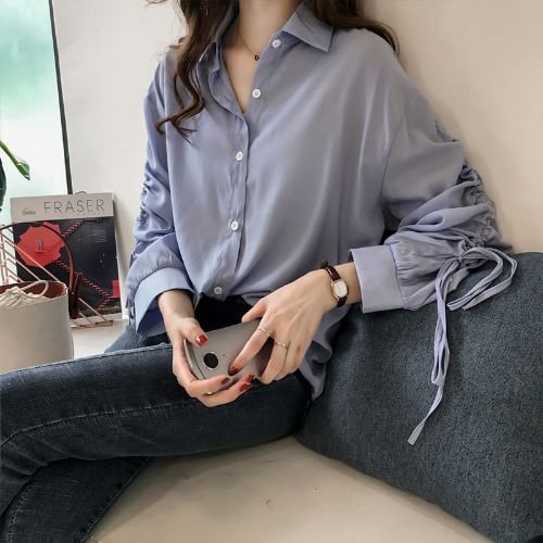 Drawstring Collared Long-Sleeve Shirt