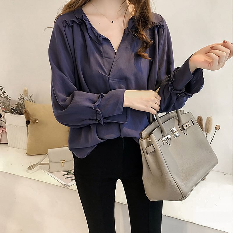 Ruffle V-Neck Long-Sleeve Blouse