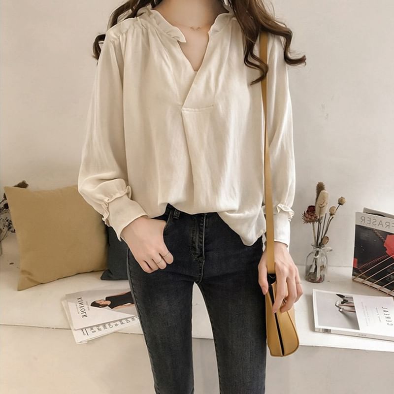 Ruffle V-Neck Long-Sleeve Blouse