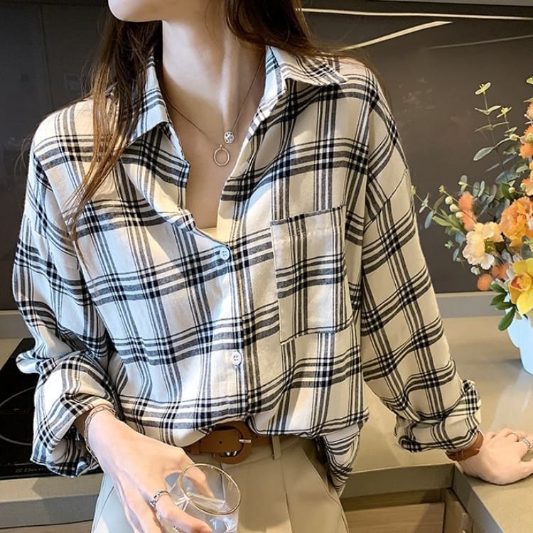 Plaid Collared Long-Sleeve Shirt