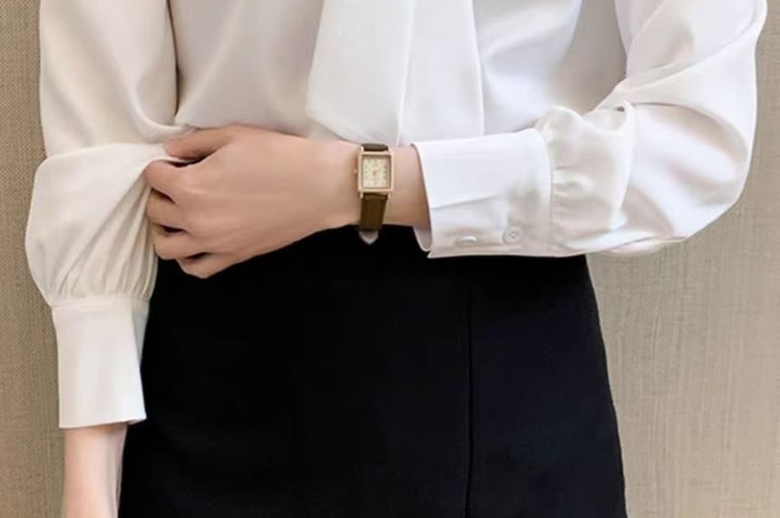Tie-Neck Long-Sleeve Plain Blouse