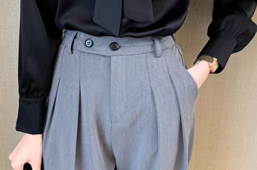 Tie-Neck Long-Sleeve Plain Blouse