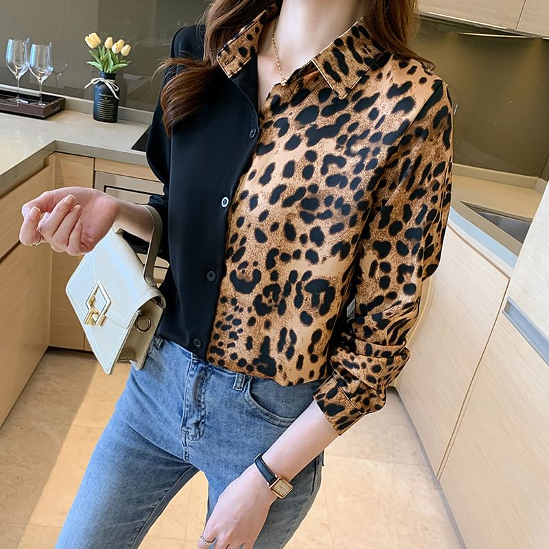 Leopard Print Panel Collared Long-Sleeve Shirt