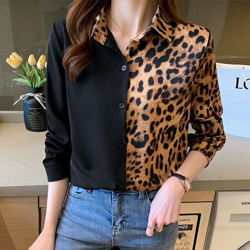 Leopard Print Panel Collared Long-Sleeve Shirt
