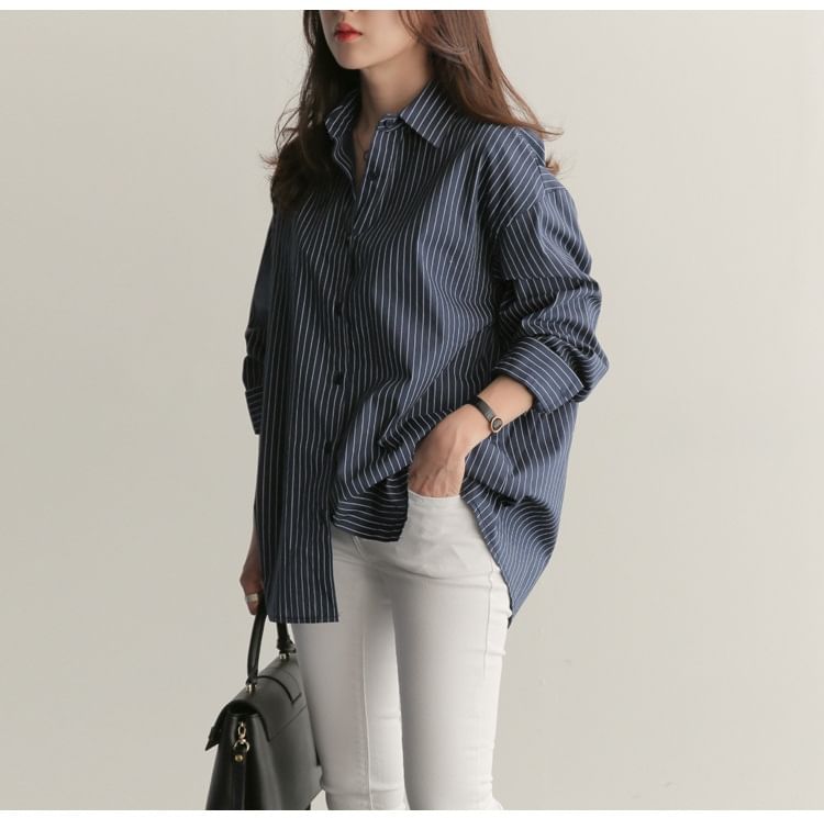 Striped Collared Long-Sleeve Shirt
