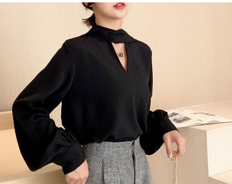 Sash Long-Sleeve Plain Blouse