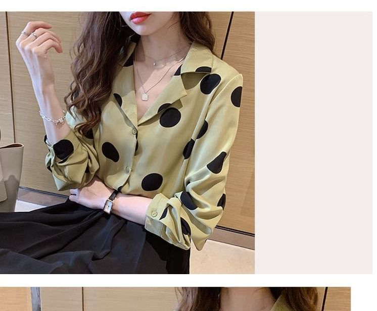 Polka Dot Collared Long-Sleeve Blouse
