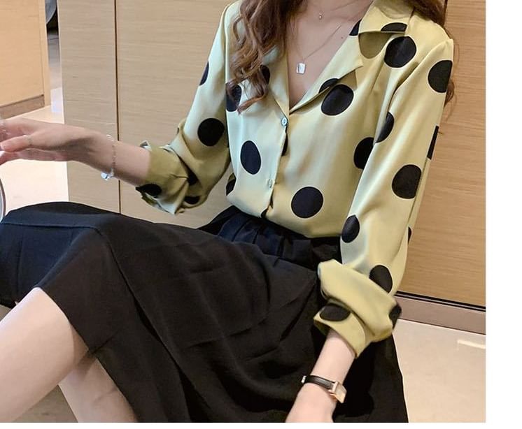 Polka Dot Collared Long-Sleeve Blouse