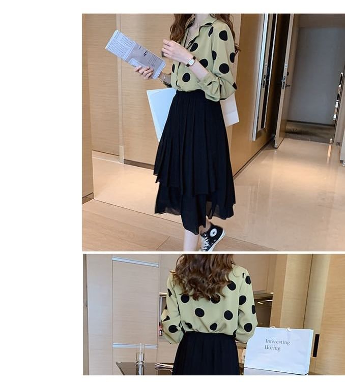 Polka Dot Collared Long-Sleeve Blouse