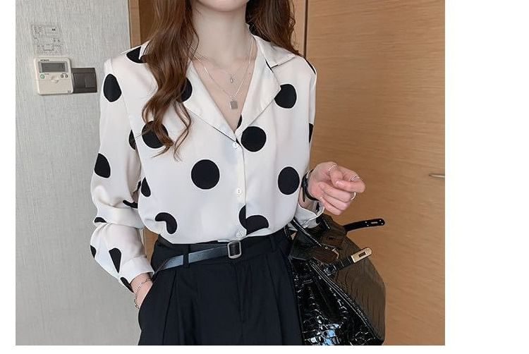 Polka Dot Collared Long-Sleeve Blouse