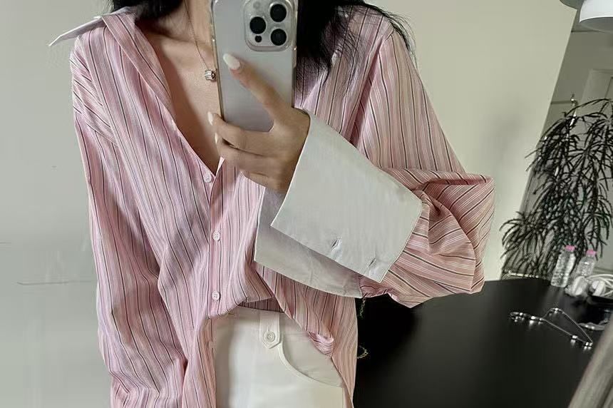 Striped Panel Long-Sleeve Collared Shirt