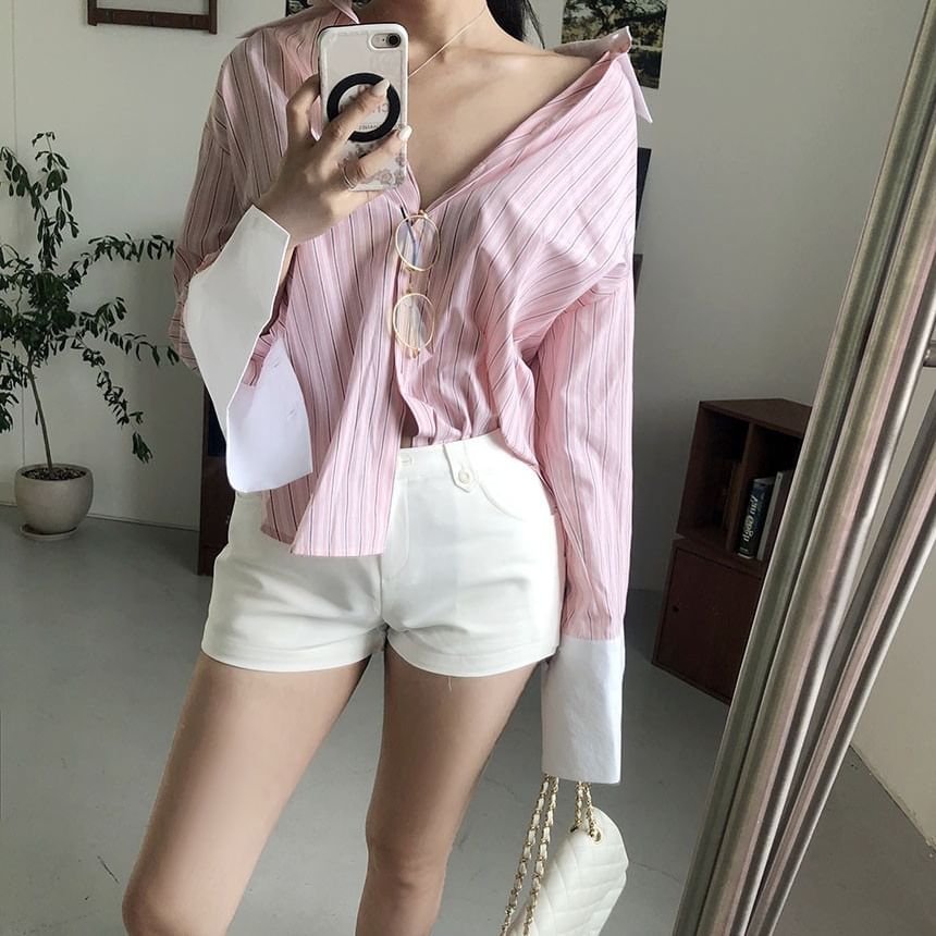 Striped Panel Long-Sleeve Collared Shirt