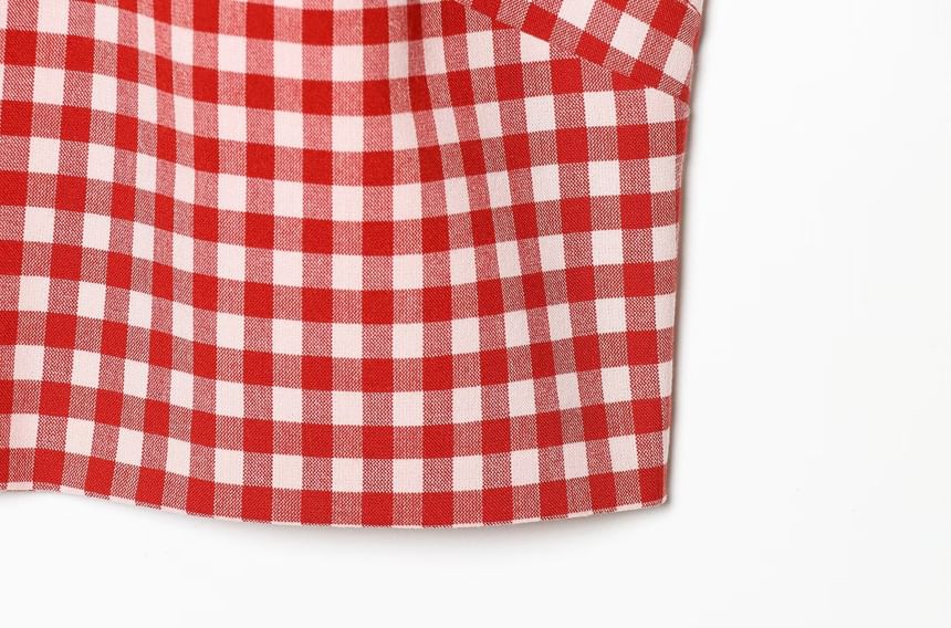 Mock Neck Gingham Slit Crop Tank and Ruched Straight Leg Capri Set