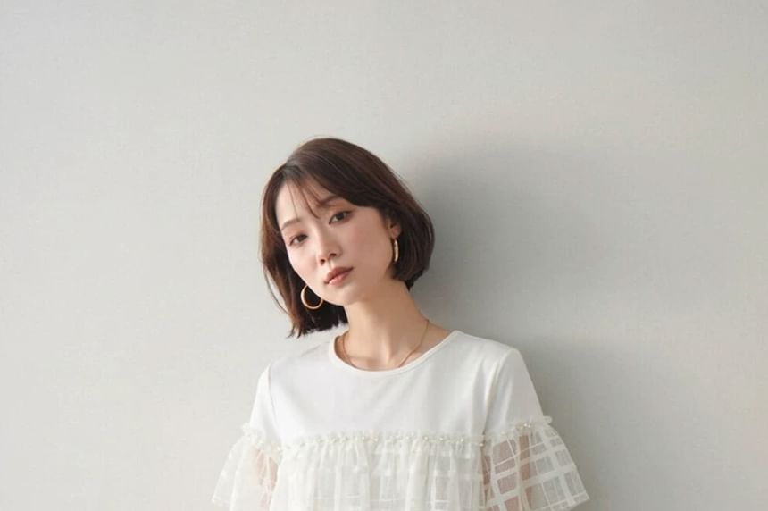 Sheer Panel Plaid Round-Neck Tee