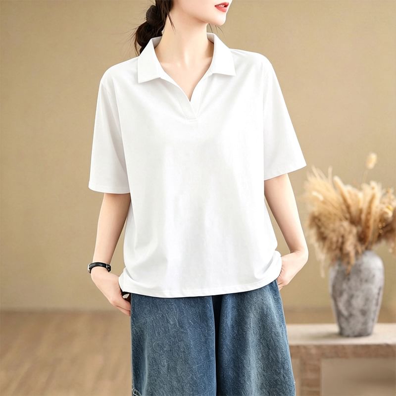 Collared Plain Polo Shirt with Short Sleeves