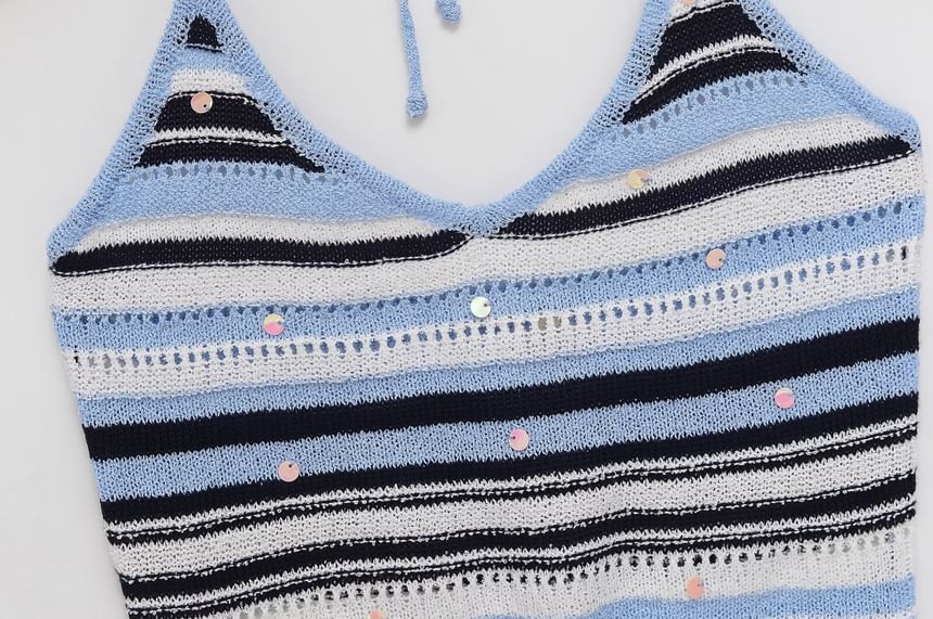 Striped Halter Neck Knit Top