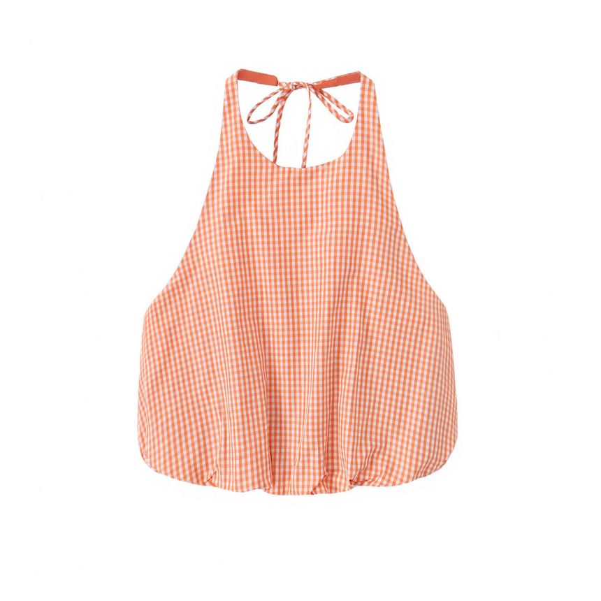 Gingham Plaid Halter Neck Crop Blouse