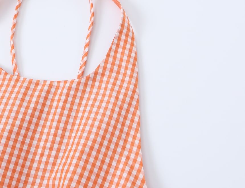 Gingham Plaid Halter Neck Crop Blouse