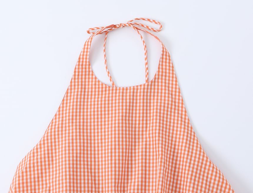 Gingham Plaid Halter Neck Crop Blouse
