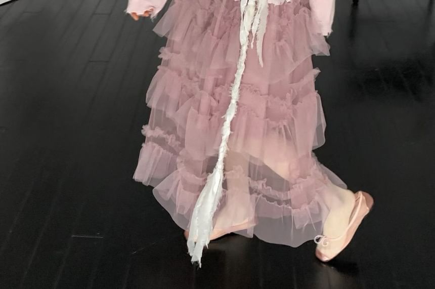 Mid Rise Plain Ruffle Maxi Tiered Skirt