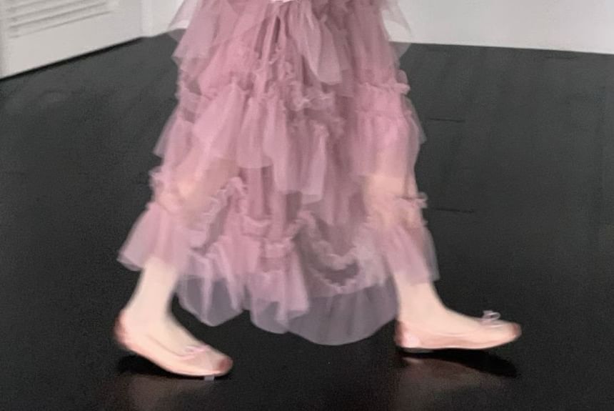Mid Rise Plain Ruffle Maxi Tiered Skirt