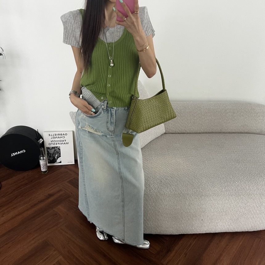 Mid Rise Washed Denim Maxi A-Line Skirt