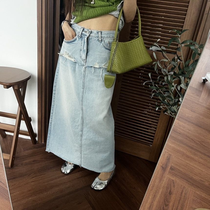 Mid Rise Washed Denim Maxi A-Line Skirt