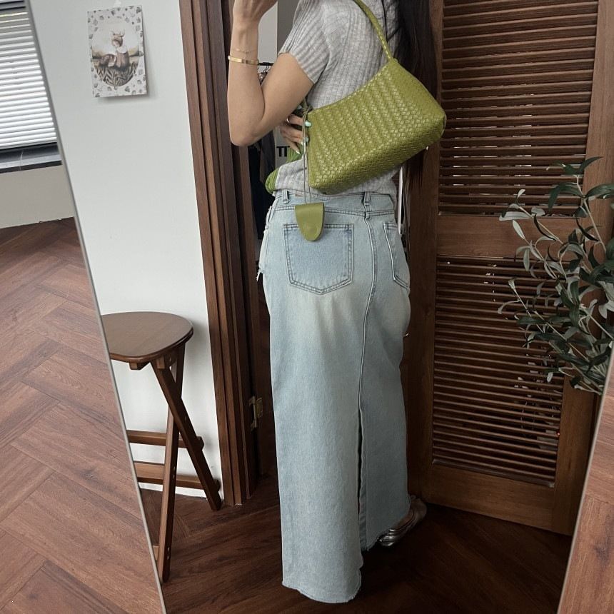 Mid Rise Washed Denim Maxi A-Line Skirt