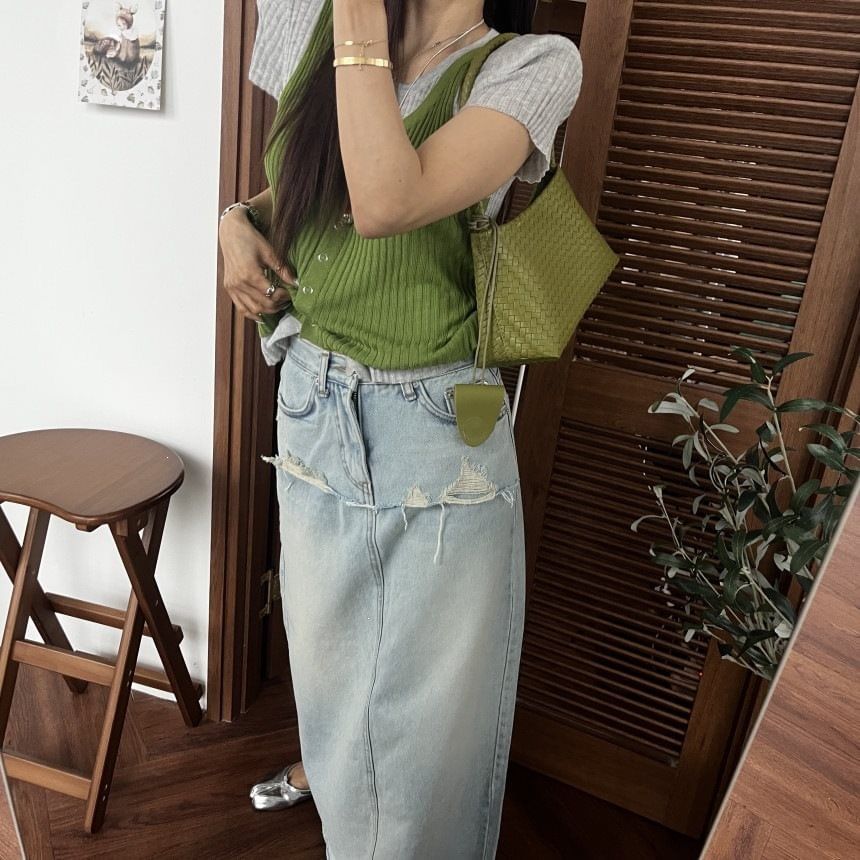 Mid Rise Washed Denim Maxi A-Line Skirt