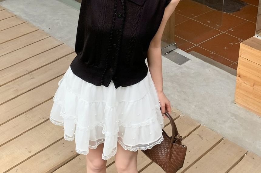 Sleeveless Collared Knit Top / Mini A-Line Skirt