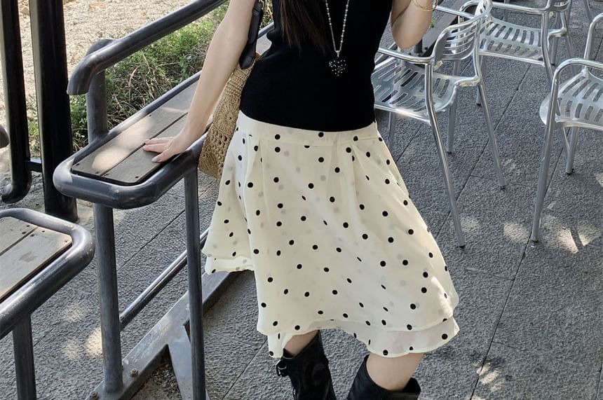 Halter Neck Plain Knit Top / Dotted Asymmetrical A-Line Skirt
