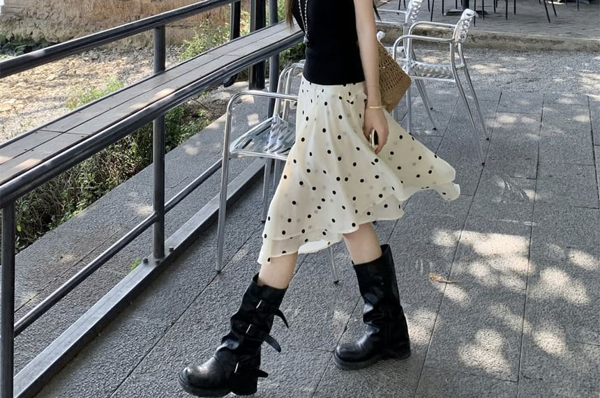 Halter Neck Plain Knit Top / Dotted Asymmetrical A-Line Skirt