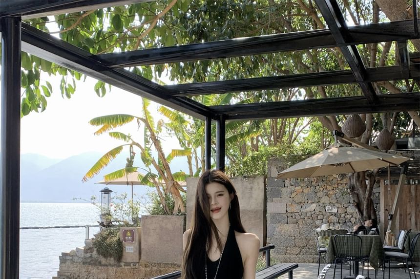 Halter Neck Plain Knit Top / Dotted Asymmetrical A-Line Skirt