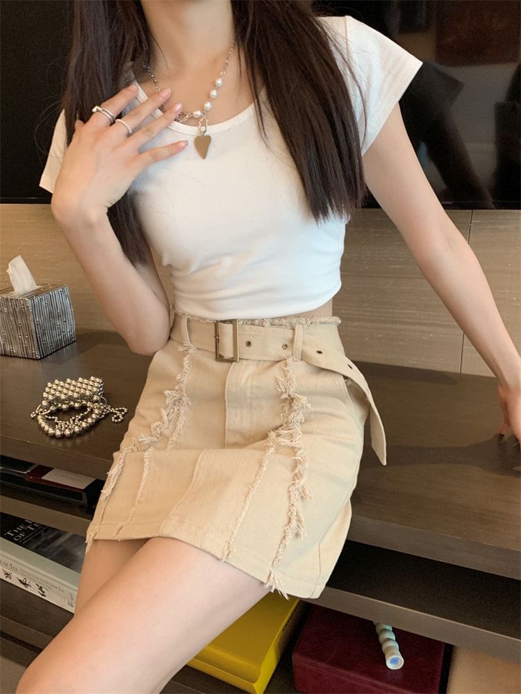 Belt Waist Denim Mini Skirt