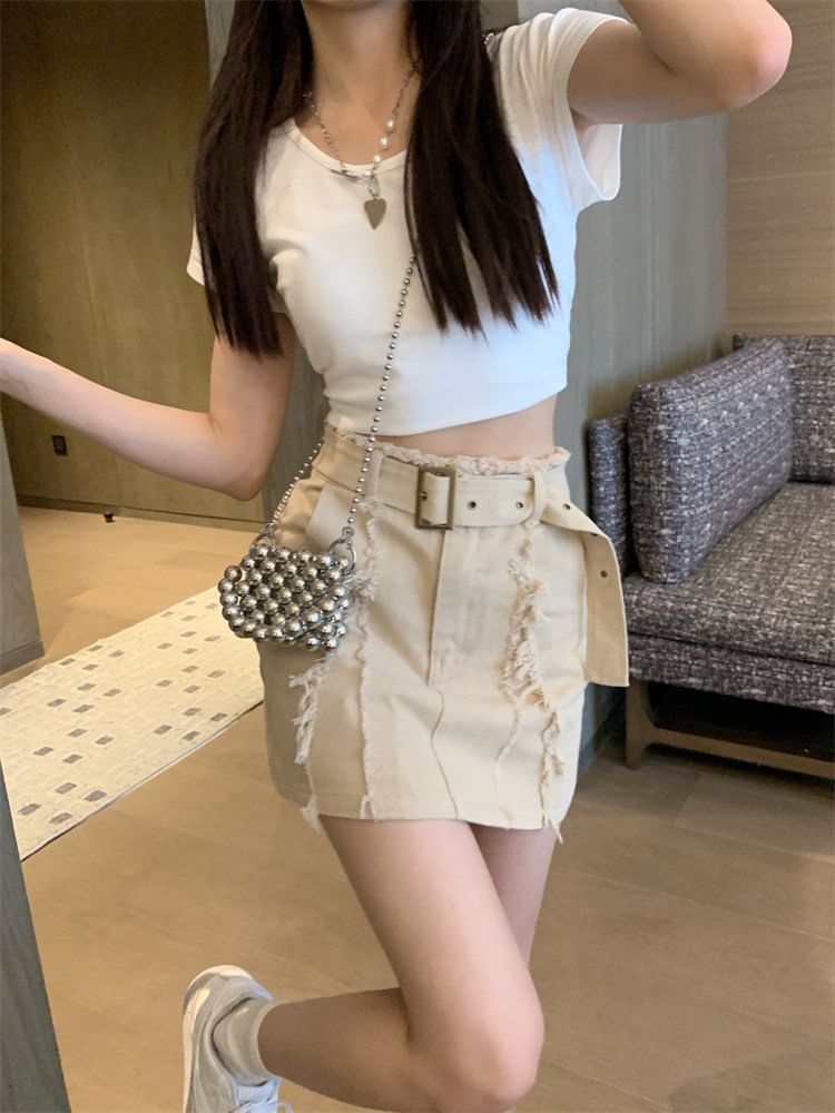Belt Waist Denim Mini Skirt