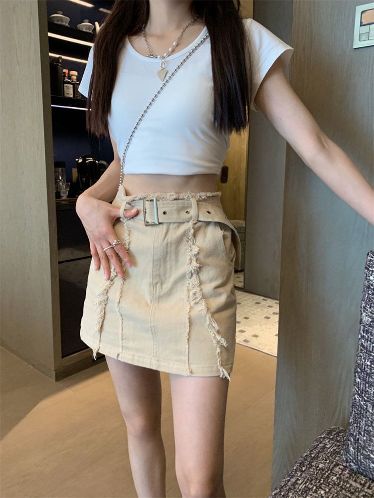 Belt Waist Denim Mini Skirt