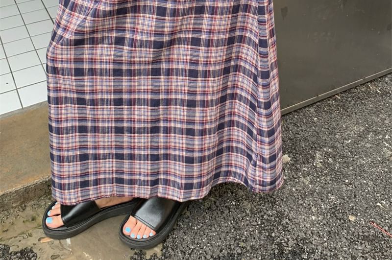 Drawstring Waist Plaid Maxi A-Line Skirt