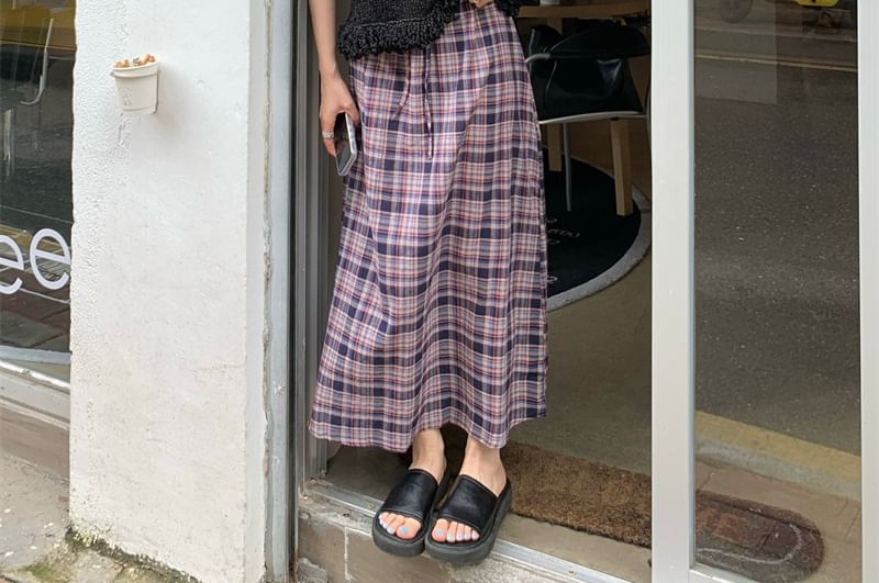 Drawstring Waist Plaid Maxi A-Line Skirt