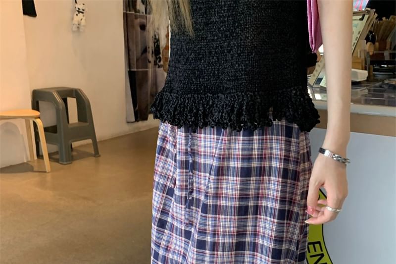 Drawstring Waist Plaid Maxi A-Line Skirt